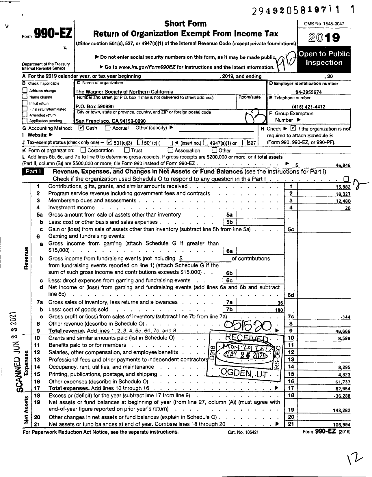 Image of first page of 2019 Form 990EZ for Wagner Society of Northern California