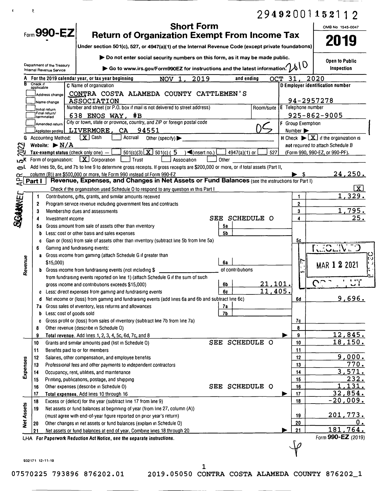 Image of first page of 2019 Form 990EO for Contra Costa-Alameda County Cattlemen's Association