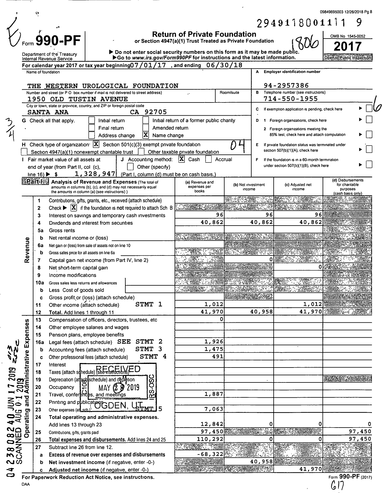 Image of first page of 2017 Form 990PF for The Western Urological Foundation