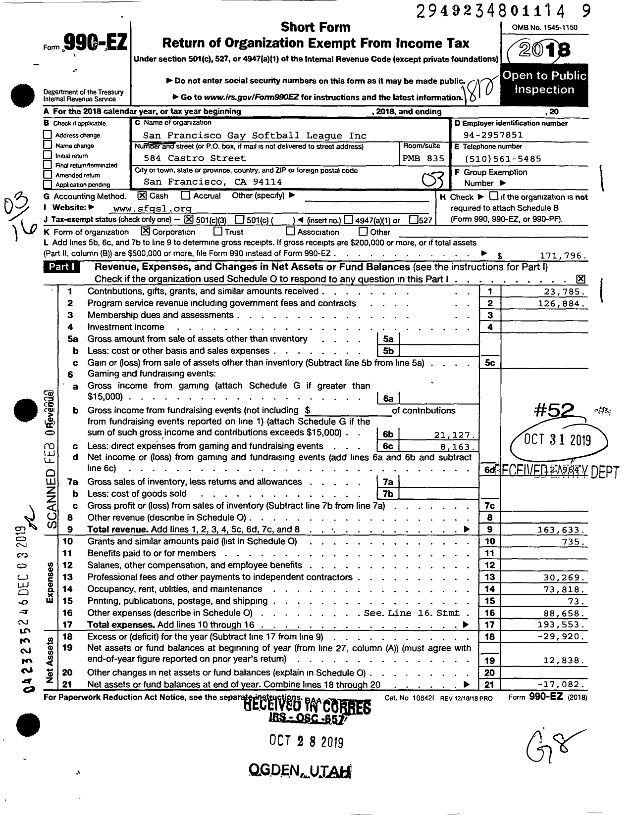 Image of first page of 2018 Form 990EZ for San Francisco Gay Softball League