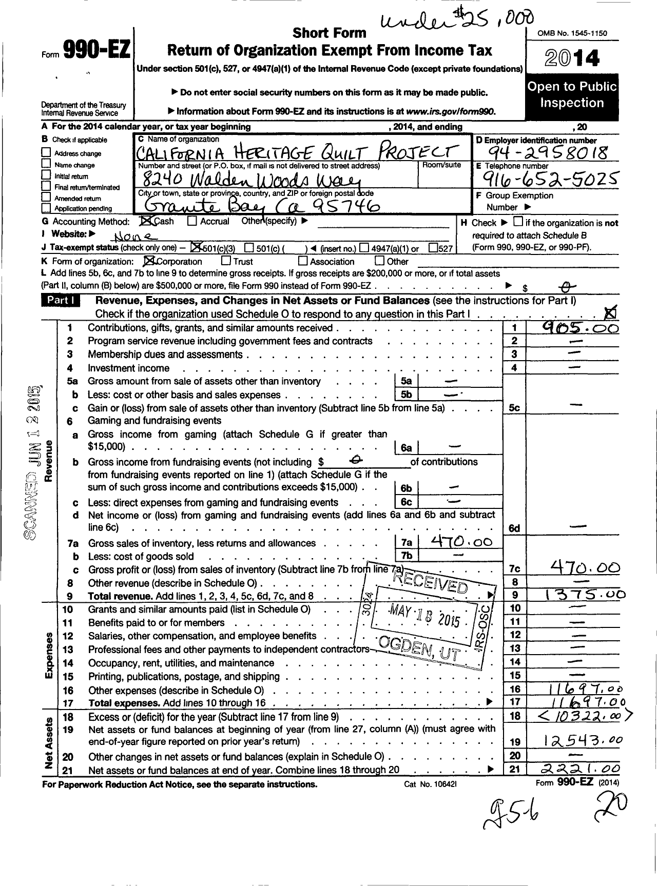 Image of first page of 2014 Form 990EZ for California Heritage Quilt Project