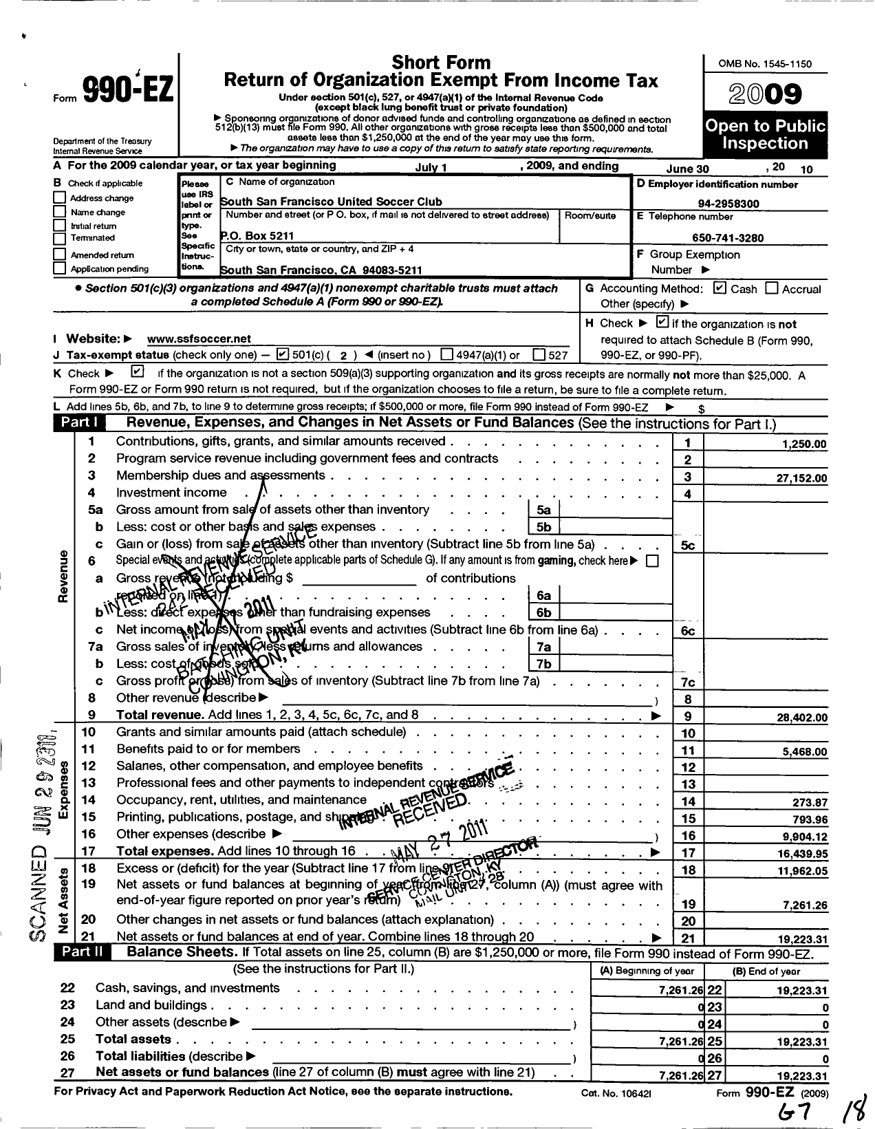 Image of first page of 2009 Form 990EO for South San Francisco United Soccer Club