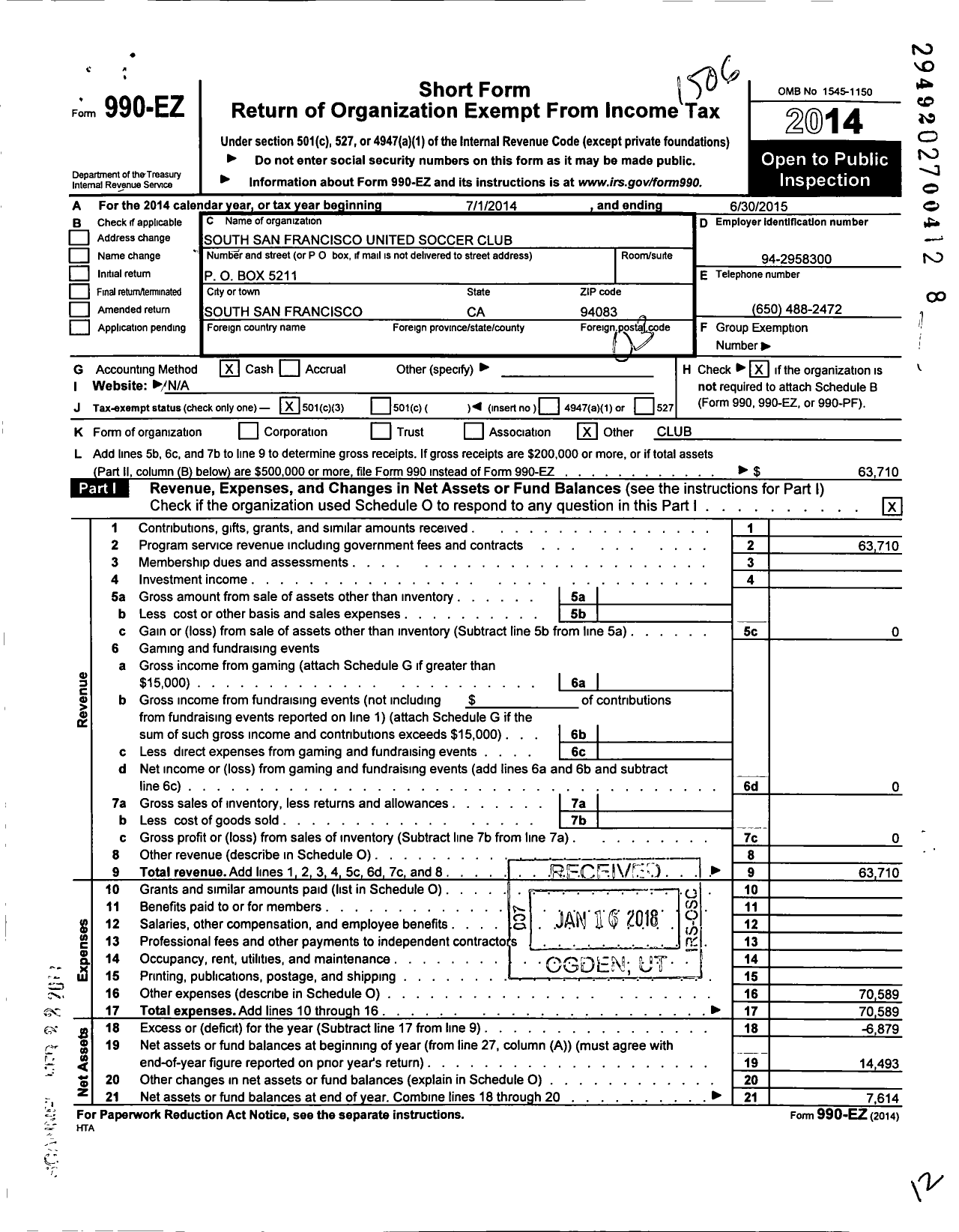 Image of first page of 2014 Form 990EZ for South San Francisco United Soccer Club