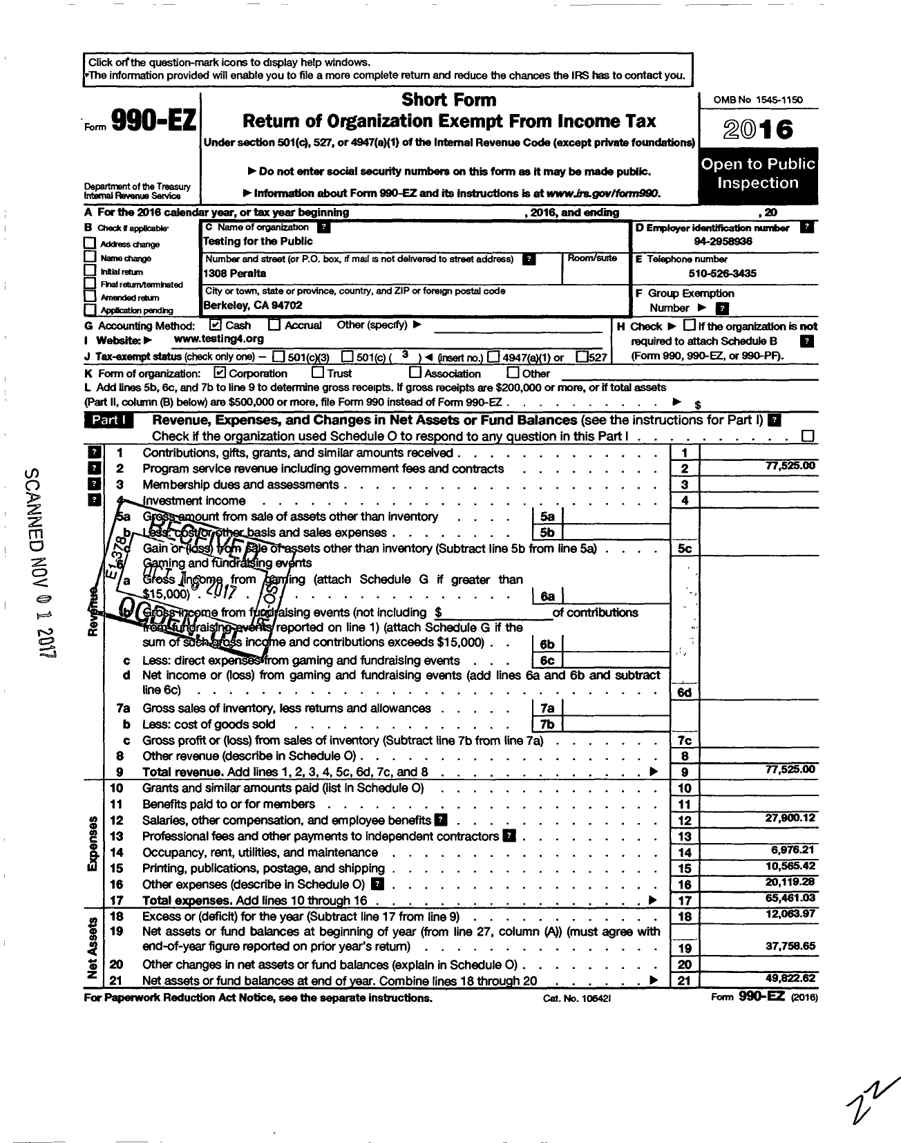 Image of first page of 2016 Form 990EZ for Testing for the Public