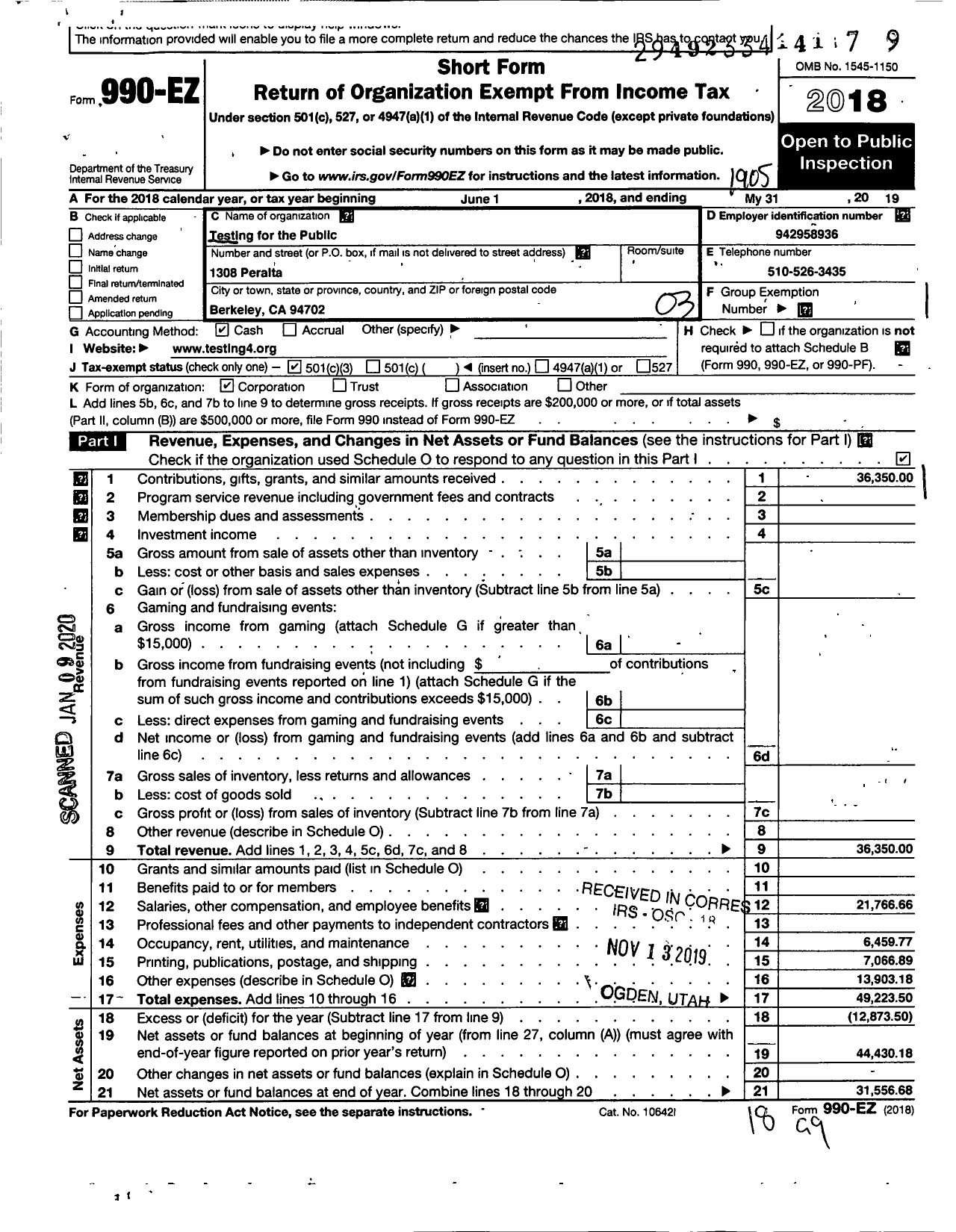 Image of first page of 2018 Form 990EZ for Testing for the Public