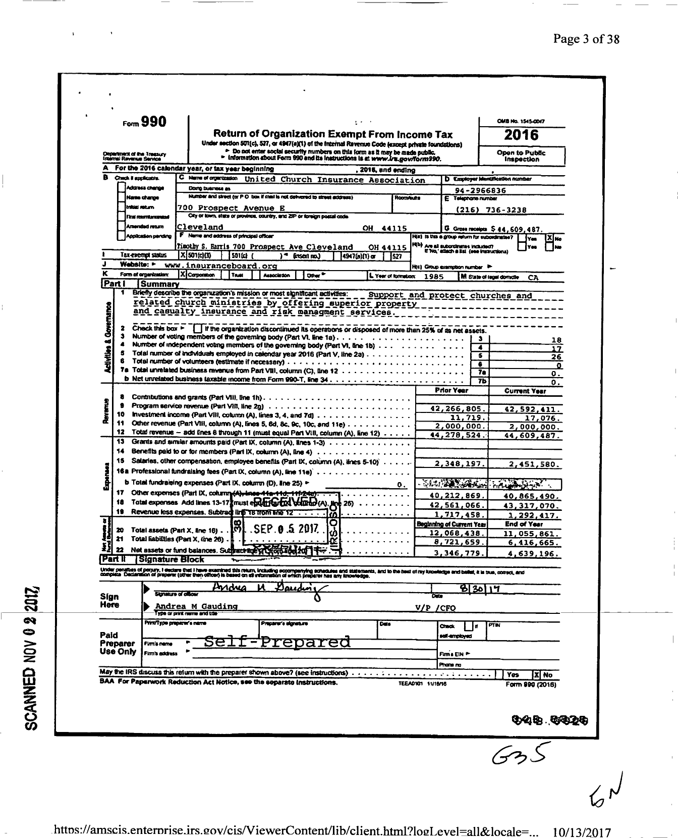 Image of first page of 2016 Form 990 for Insurance Board