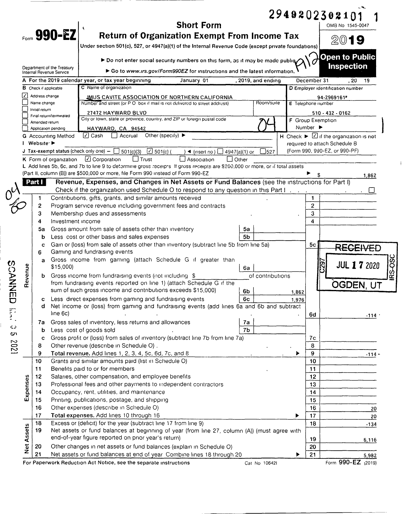 Image of first page of 2019 Form 990EO for Imus Cavite Association of Northern California