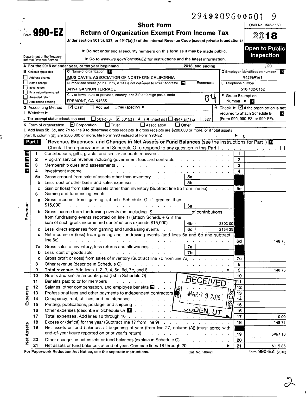 Image of first page of 2018 Form 990EO for Imus Cavite Association of Northern California