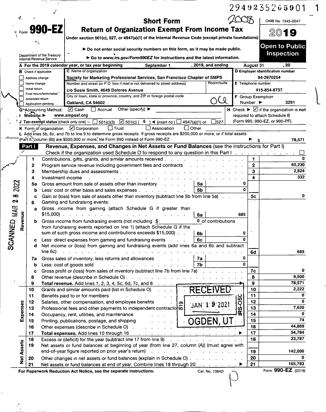 Image of first page of 2019 Form 990EO for Society for Marketing Professional Services San Francisco Chapter of SMPS