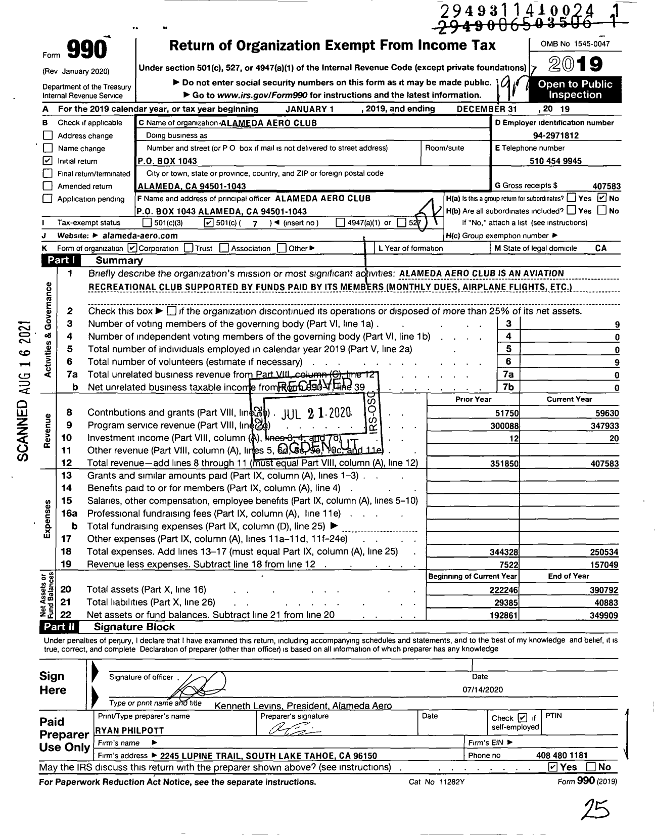 Image of first page of 2019 Form 990O for Alameda Aero Club