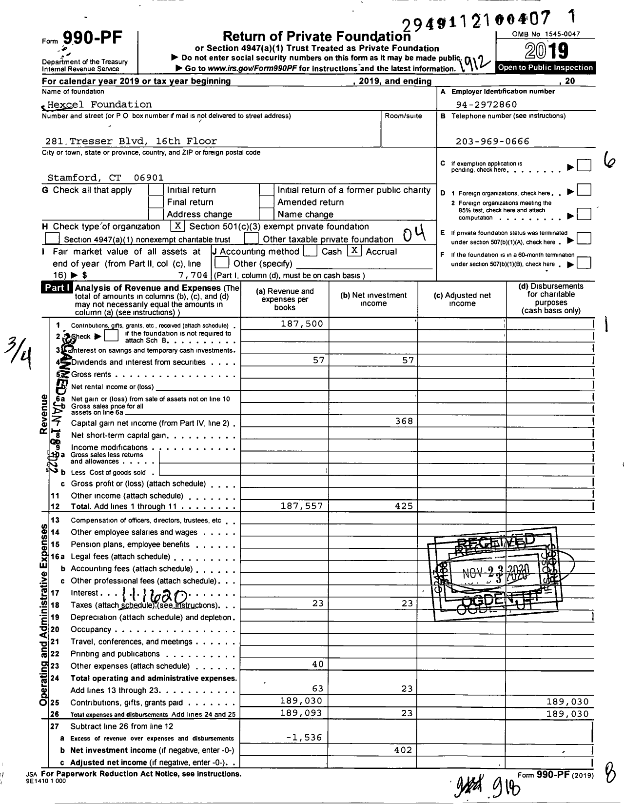 Image of first page of 2019 Form 990PF for Hexcel Foundation