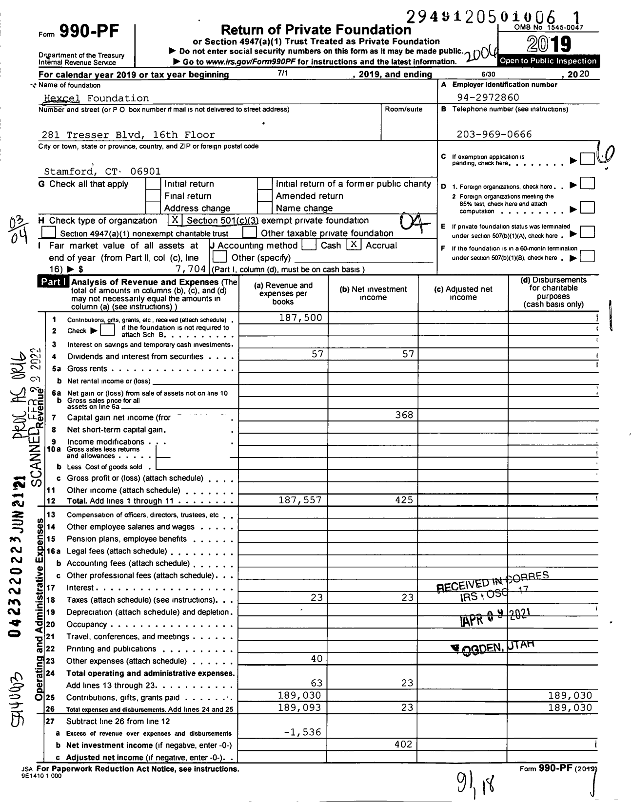 Image of first page of 2019 Form 990PF for Hexcel Foundation