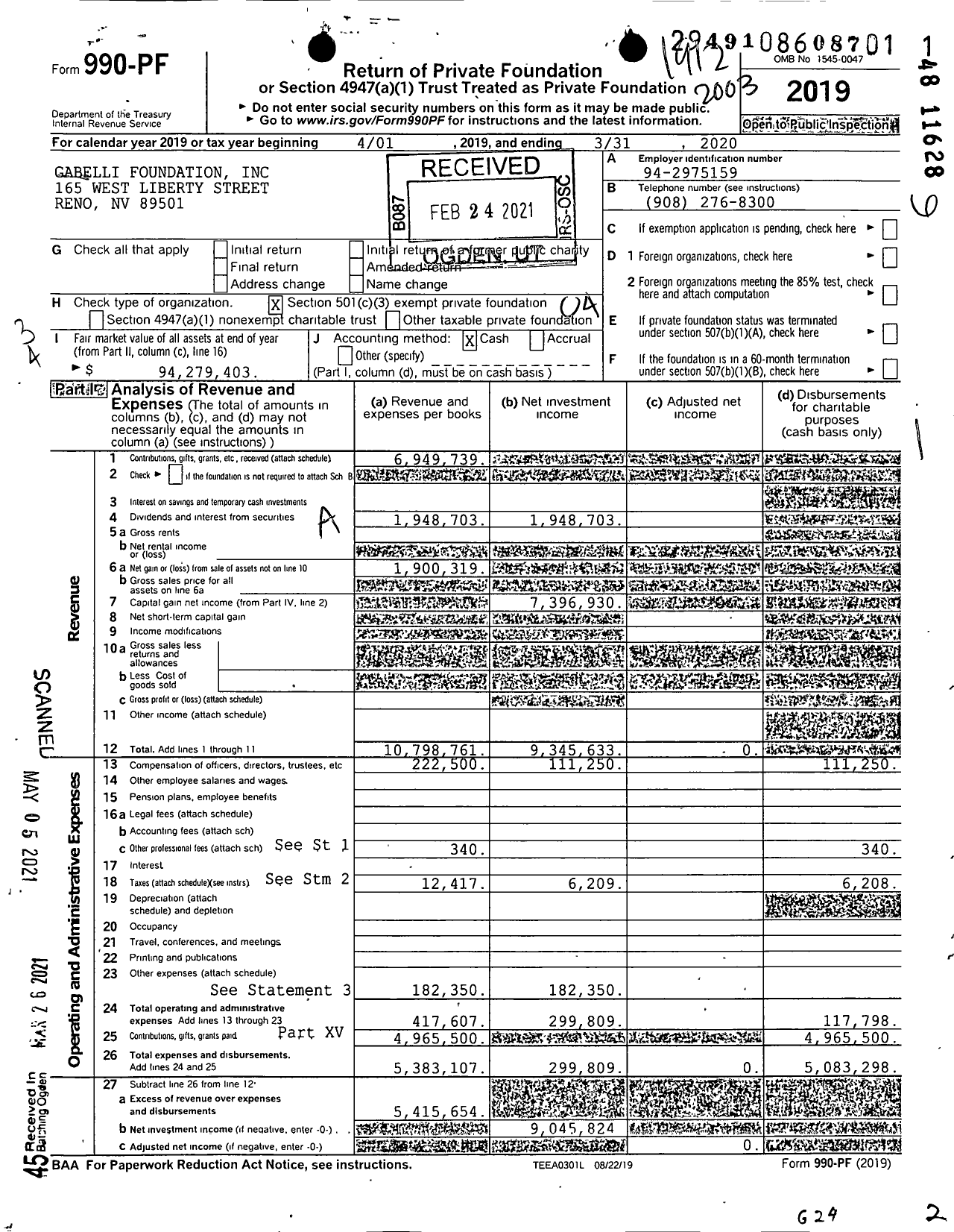 Image of first page of 2019 Form 990PF for Gabelli Foundation