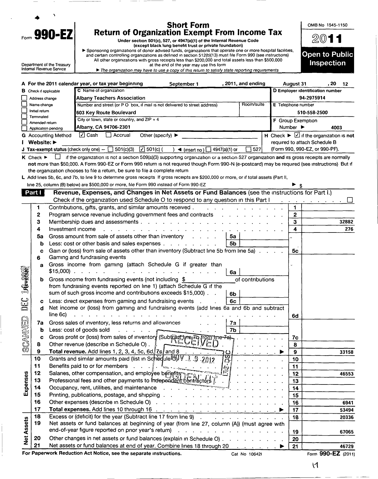 Image of first page of 2011 Form 990EO for California Teachers Association - Albany Teachers Assoc