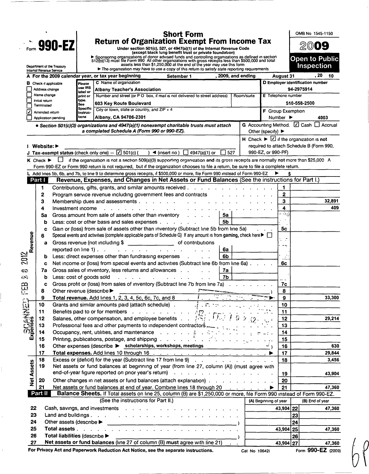 Image of first page of 2009 Form 990EO for California Teachers Association - Albany Teachers Assoc