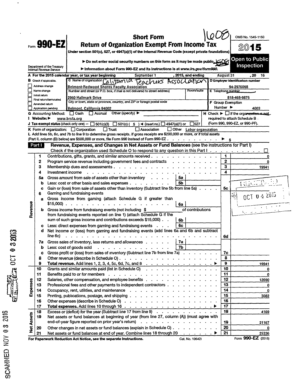 Image of first page of 2015 Form 990EO for California Teachers Association - Belmont Redwood Shores Fa