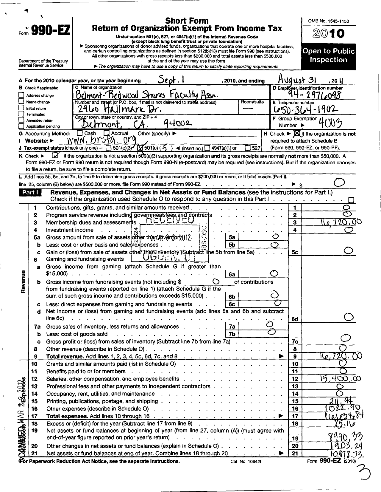 Image of first page of 2010 Form 990EO for California Teachers Association - Belmont Redwood Shores Fa