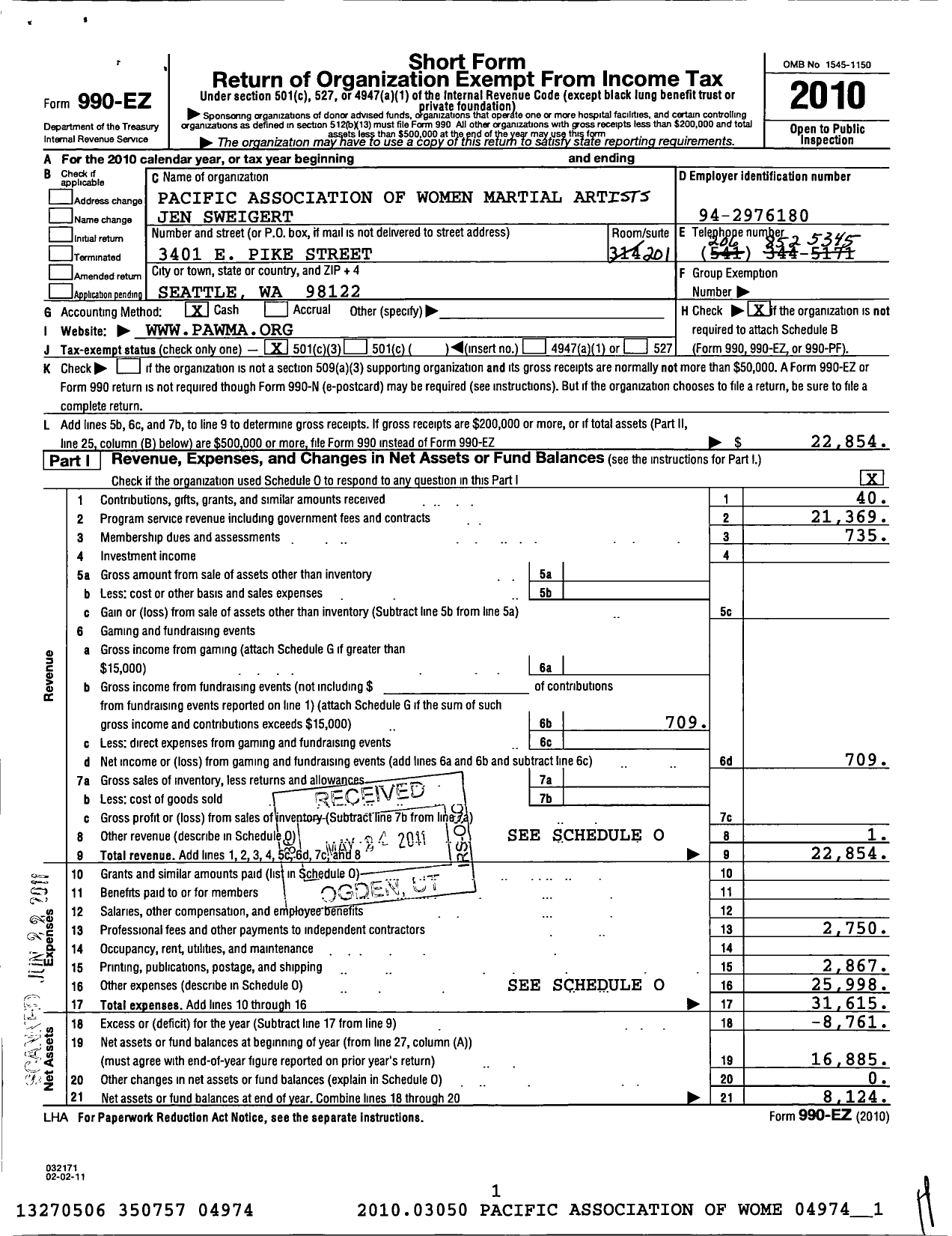 Image of first page of 2010 Form 990EZ for Pacific Association of Women Martial Artists