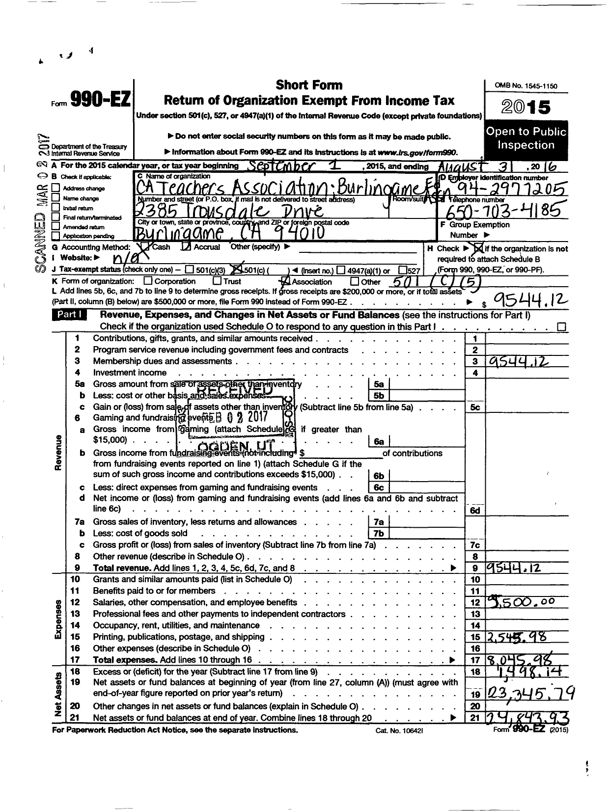 Image of first page of 2015 Form 990EO for California Teachers Association - Burlingame Education Assoc