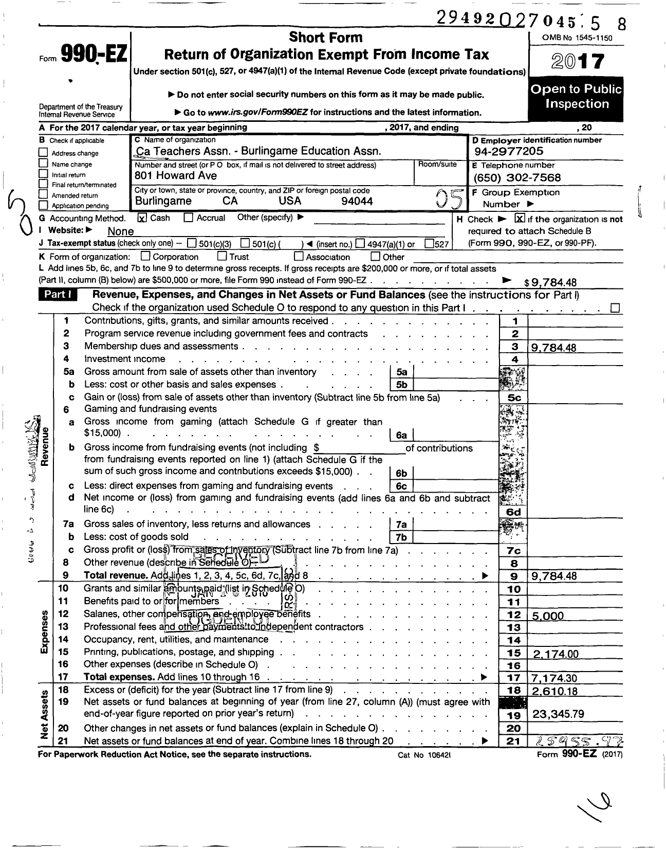 Image of first page of 2017 Form 990EO for California Teachers Association - Burlingame Education Assoc