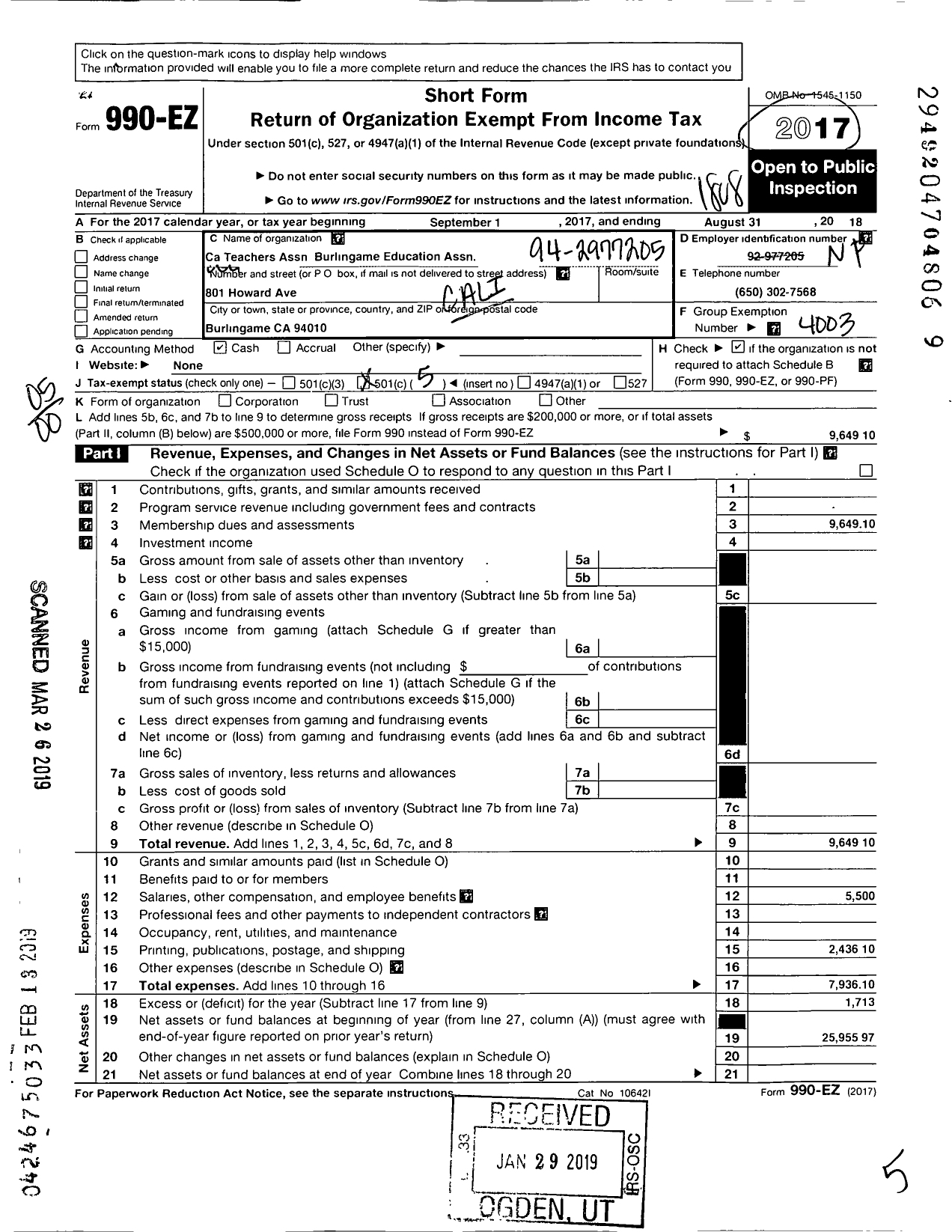 Image of first page of 2017 Form 990EO for California Teachers Association - Burlingame Education Assoc