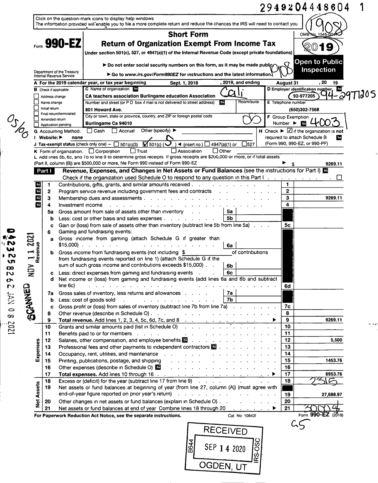 Image of first page of 2018 Form 990EO for California Teachers Association - Burlingame Education Assoc