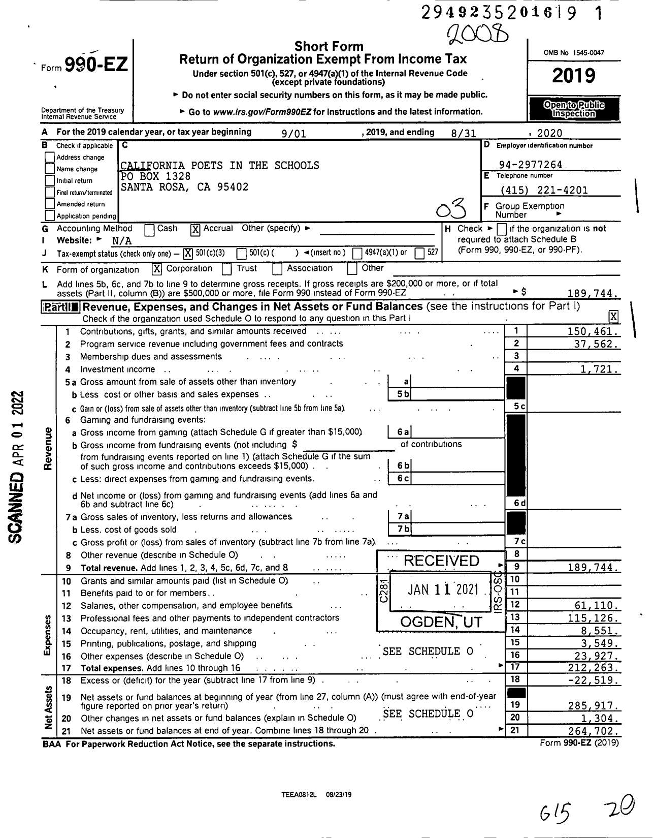 Image of first page of 2019 Form 990EZ for California Poets in the Schools