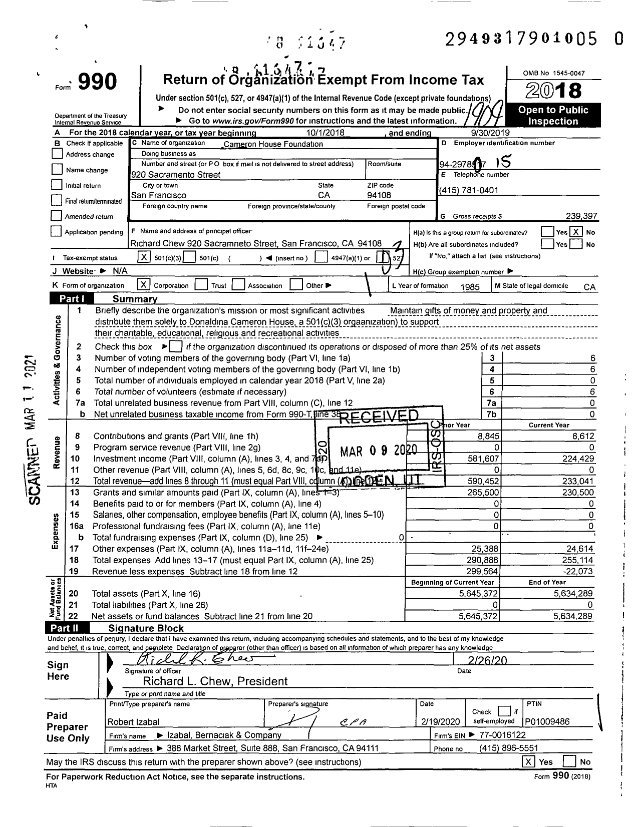 Image of first page of 2018 Form 990 for Cameron House Foundation