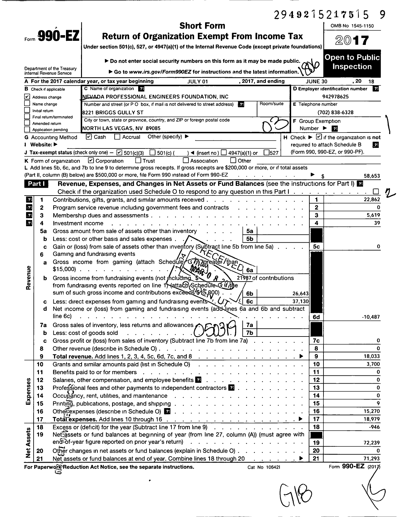 Image of first page of 2017 Form 990EZ for Nevada Professional Engineers Foundation