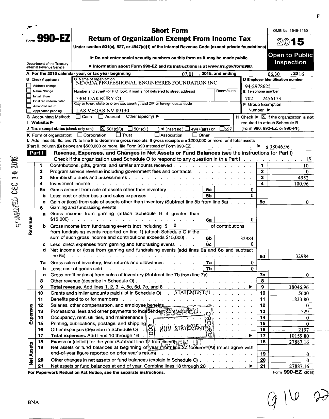 Image of first page of 2015 Form 990EZ for Nevada Professional Engineers Foundation