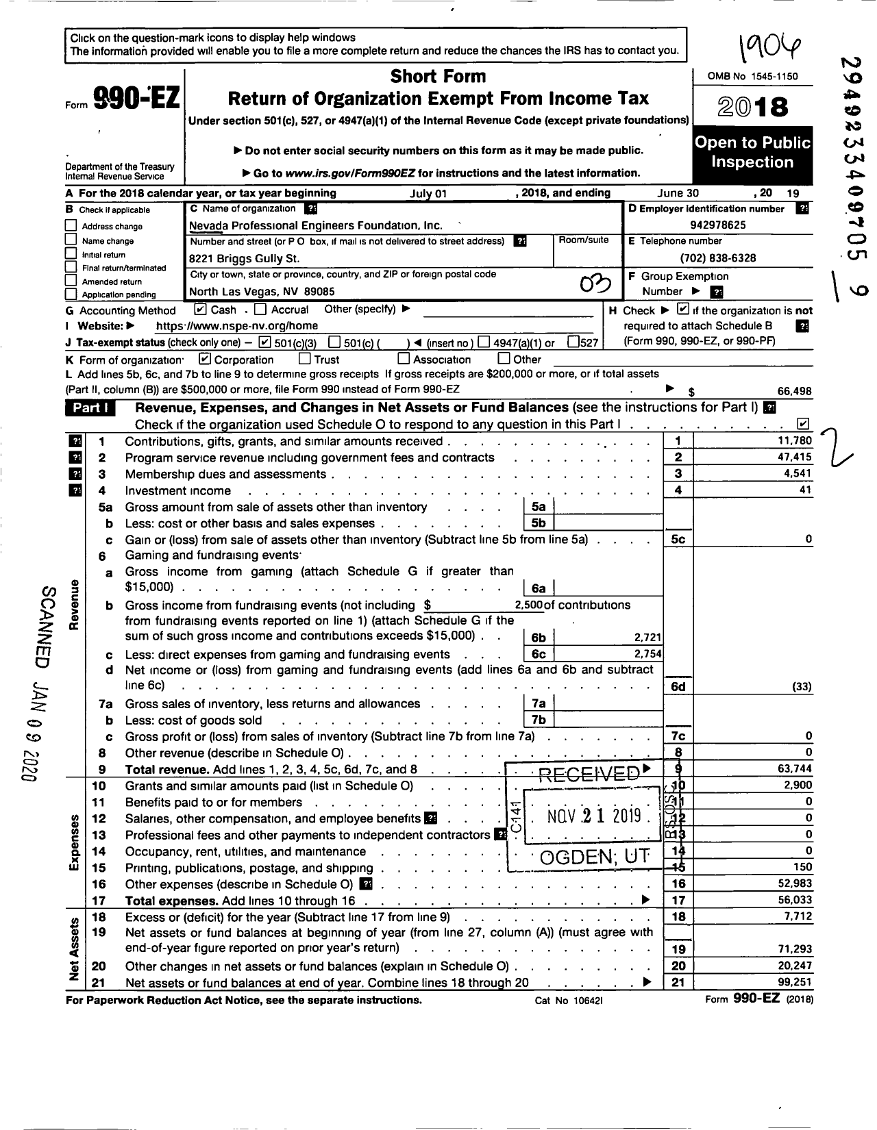 Image of first page of 2018 Form 990EZ for Nevada Professional Engineers Foundation