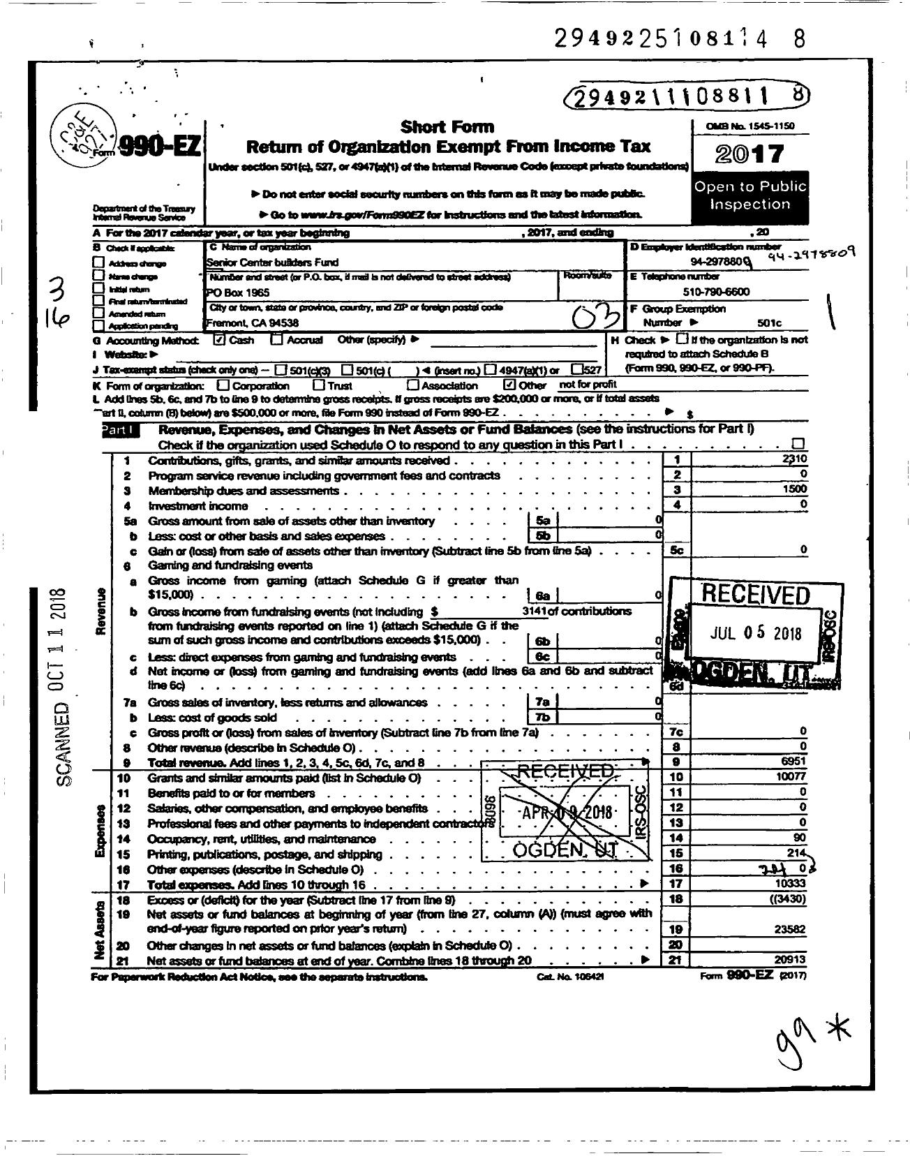 Image of first page of 2017 Form 990EZ for Senior Center Builders Fund