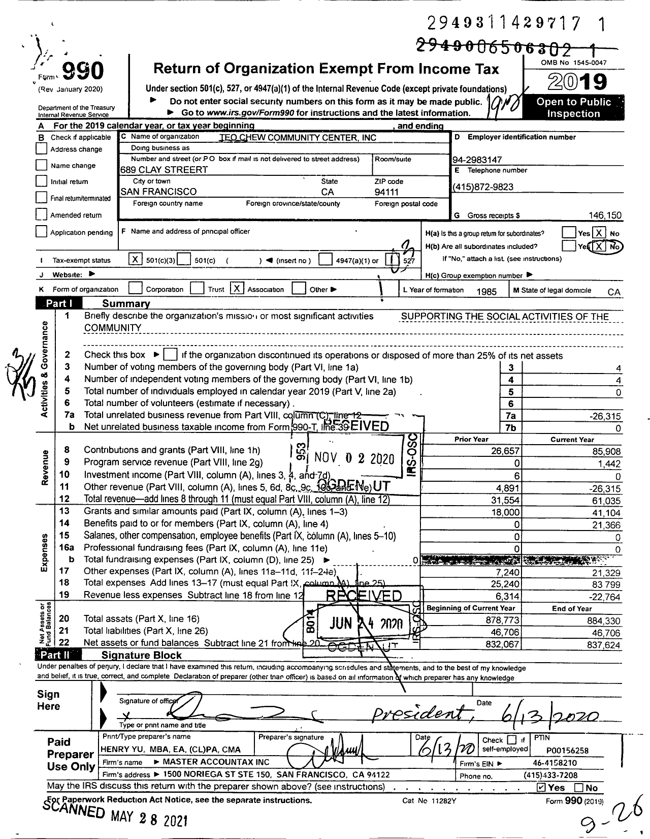 Image of first page of 2019 Form 990 for Teo Chew Community Center