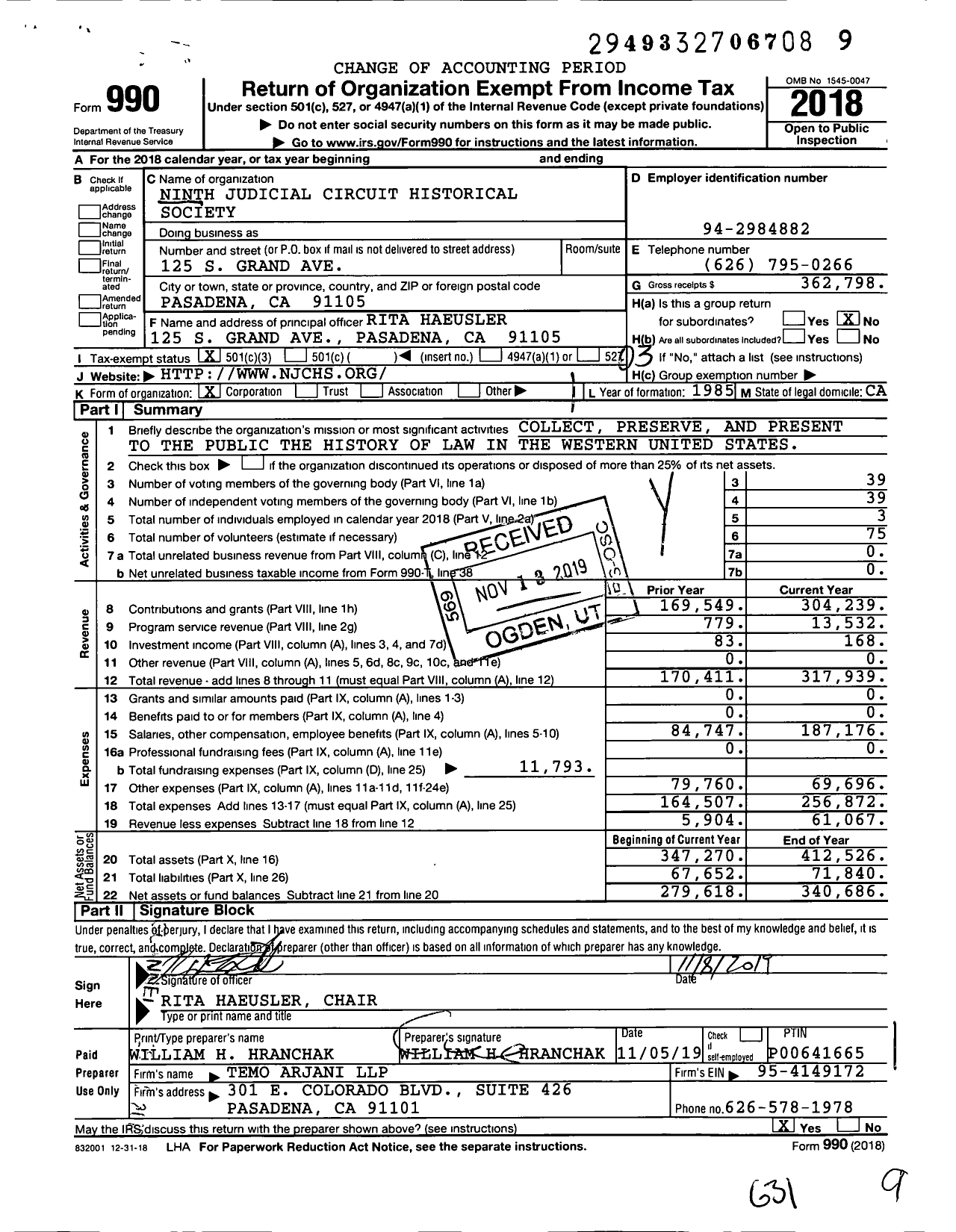 Image of first page of 2018 Form 990 for Ninth Judicial Circuit Historical Society