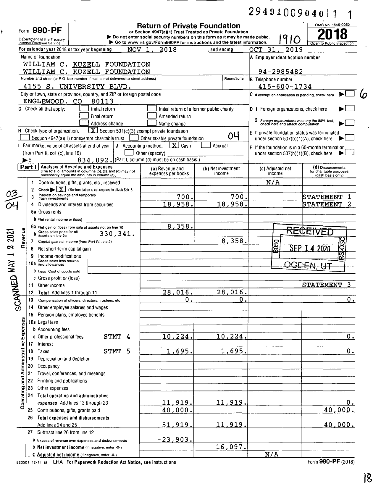 Image of first page of 2018 Form 990PF for William C Kuzell Foundation William C Kuzell Foundation