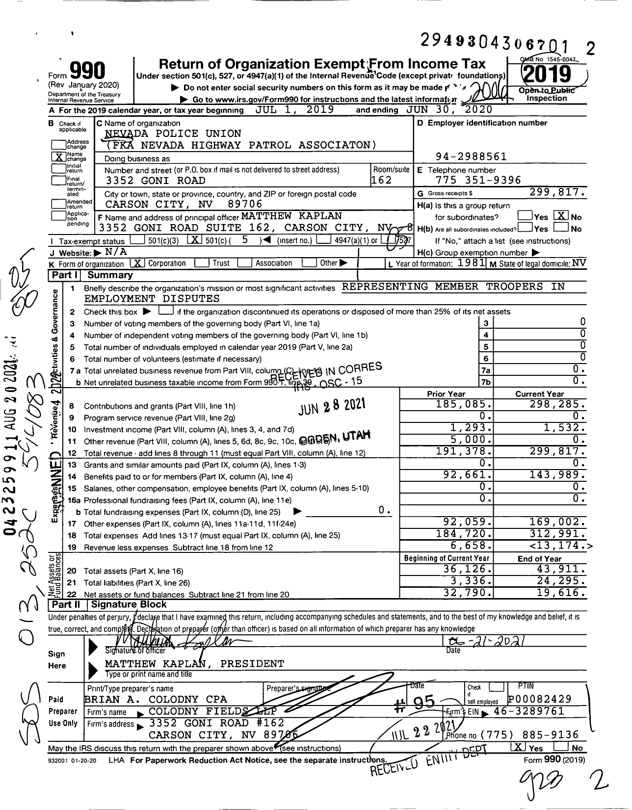 Image of first page of 2019 Form 990O for Nevada Police Union