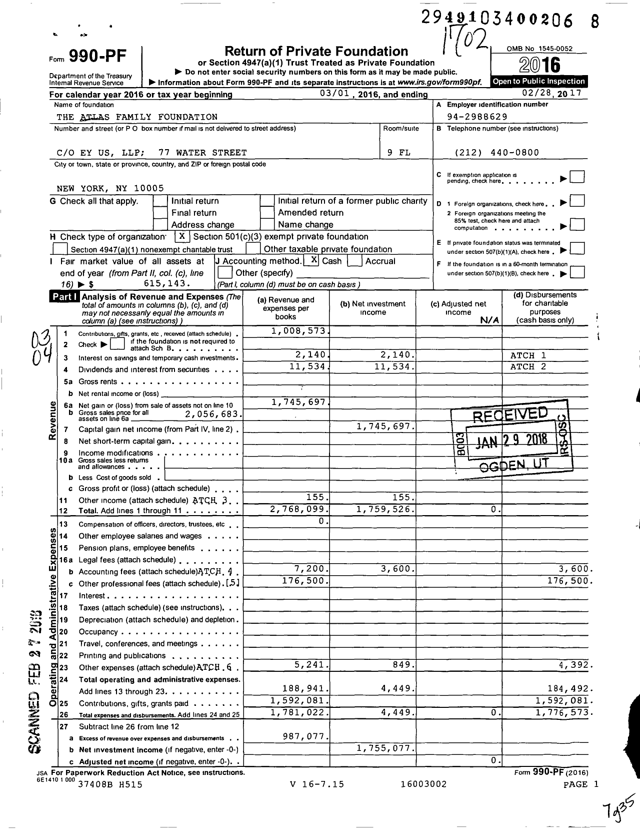 Image of first page of 2016 Form 990PF for The Atlas Family Foundation