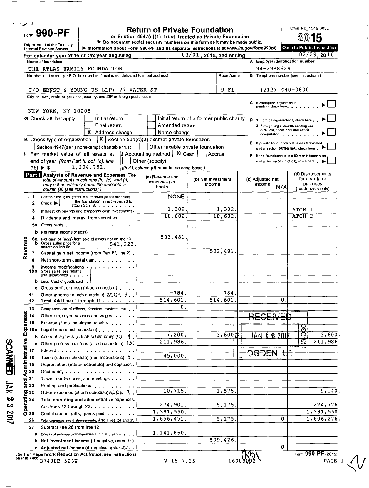 Image of first page of 2015 Form 990PF for The Atlas Family Foundation