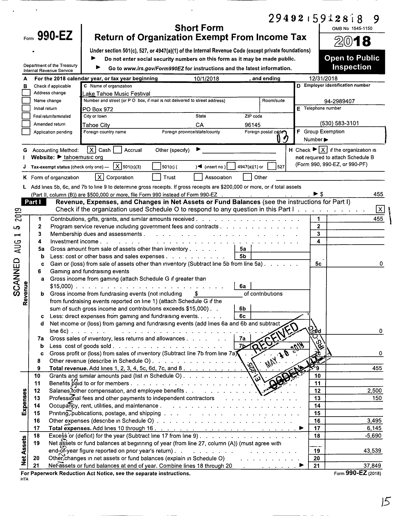 Image of first page of 2018 Form 990EZ for Lake Tahoe Music Festival