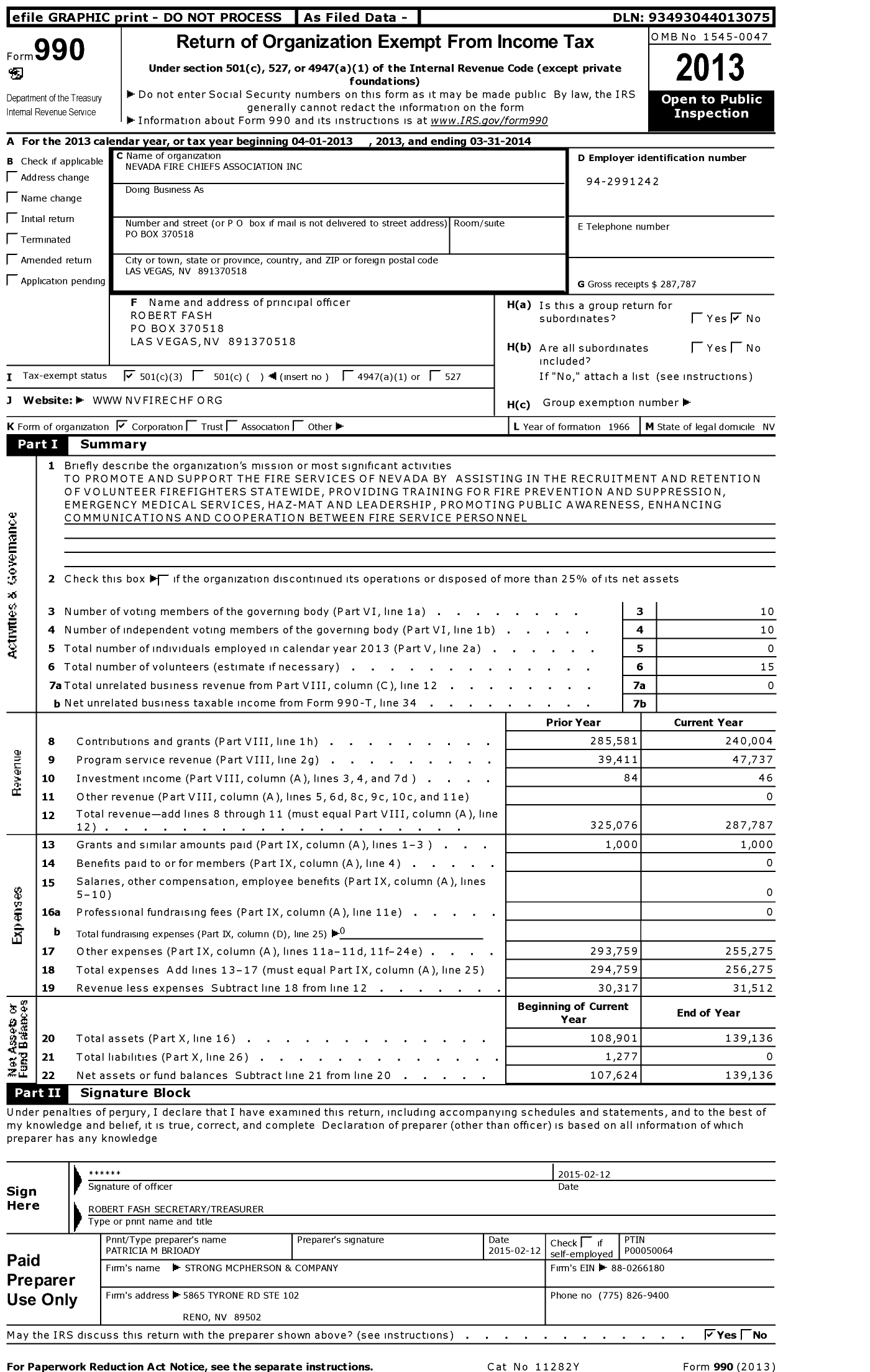 Image of first page of 2013 Form 990 for Nevada Fire Chiefs Association