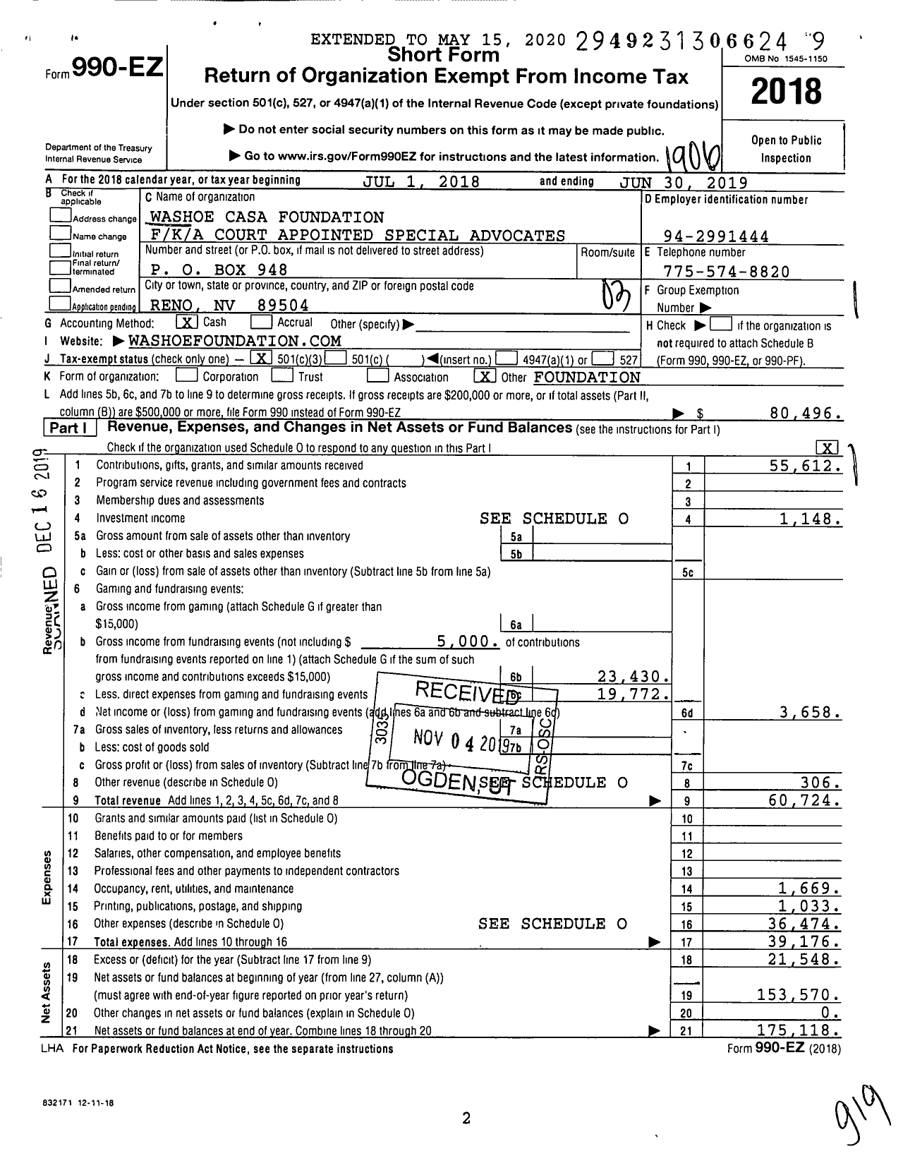 Image of first page of 2018 Form 990EZ for Washoe Casa Foundation