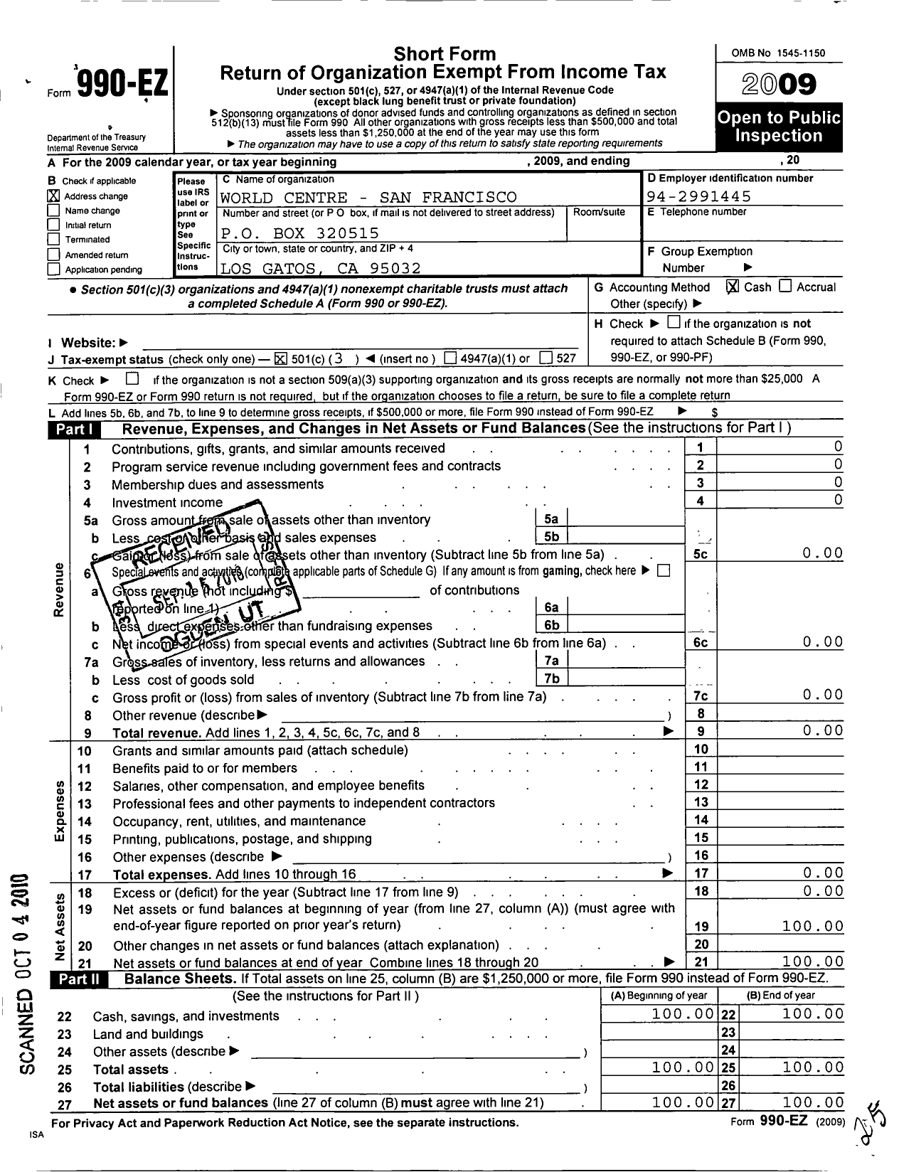 Image of first page of 2009 Form 990EZ for World Centre-San Francisco