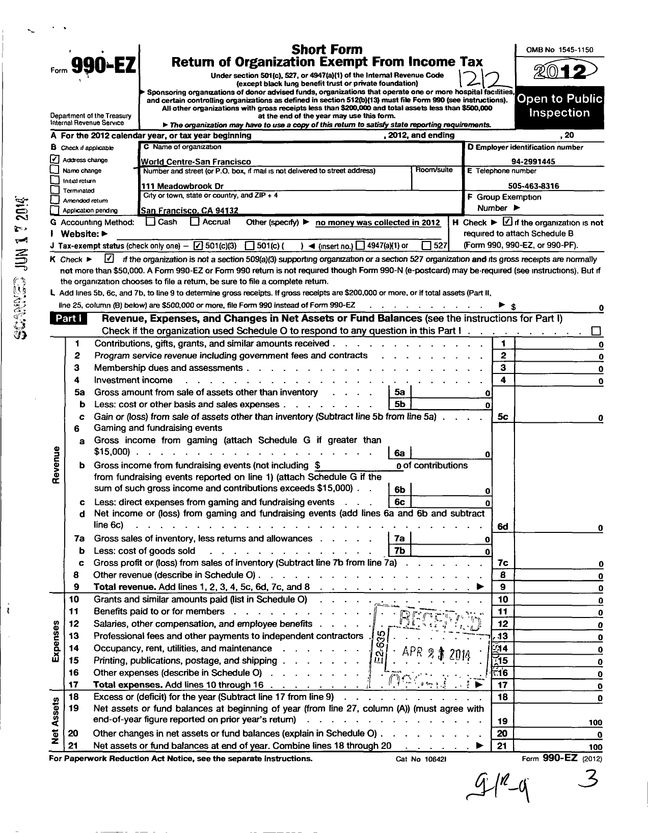 Image of first page of 2012 Form 990EZ for World Centre-San Francisco