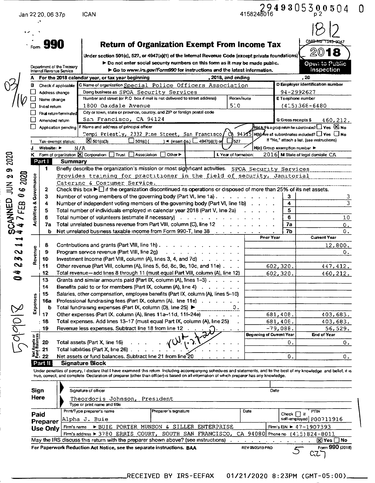 Image of first page of 2018 Form 990 for SPOA Security Services