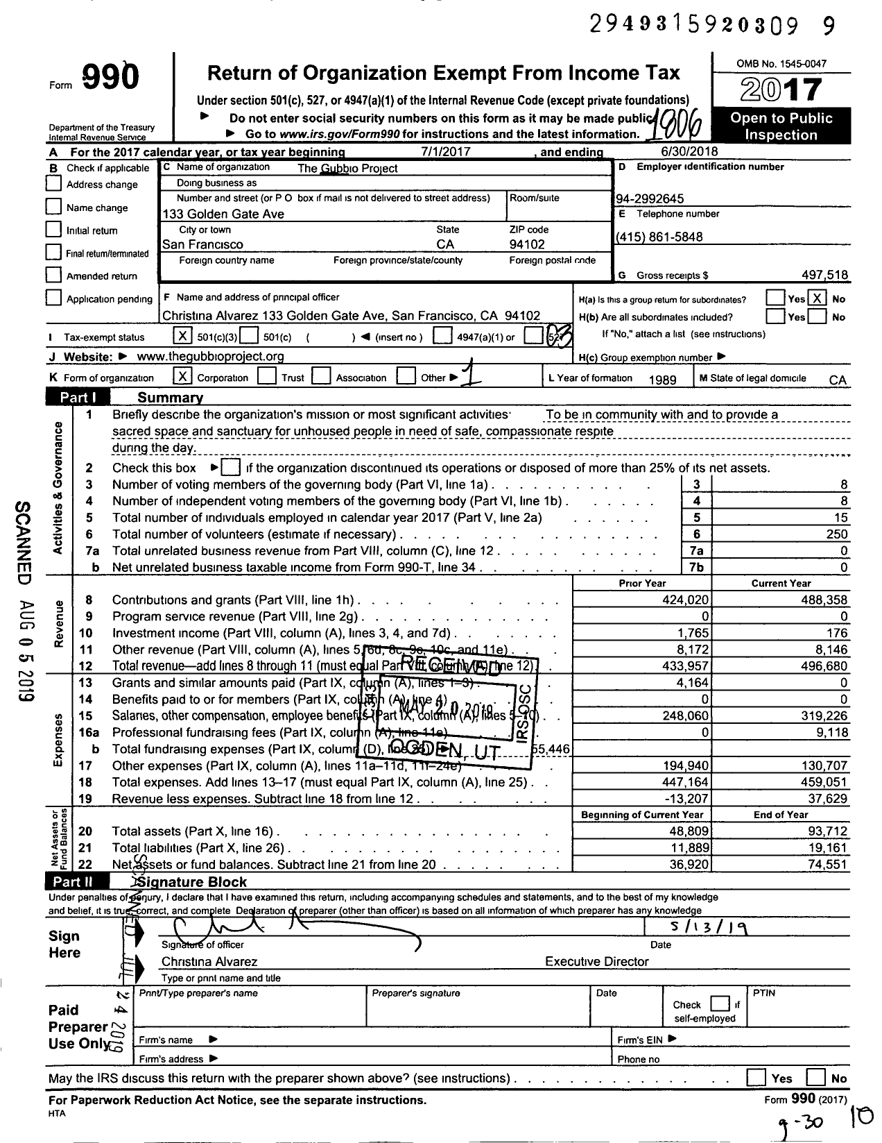 Image of first page of 2017 Form 990 for The Gubbio Project