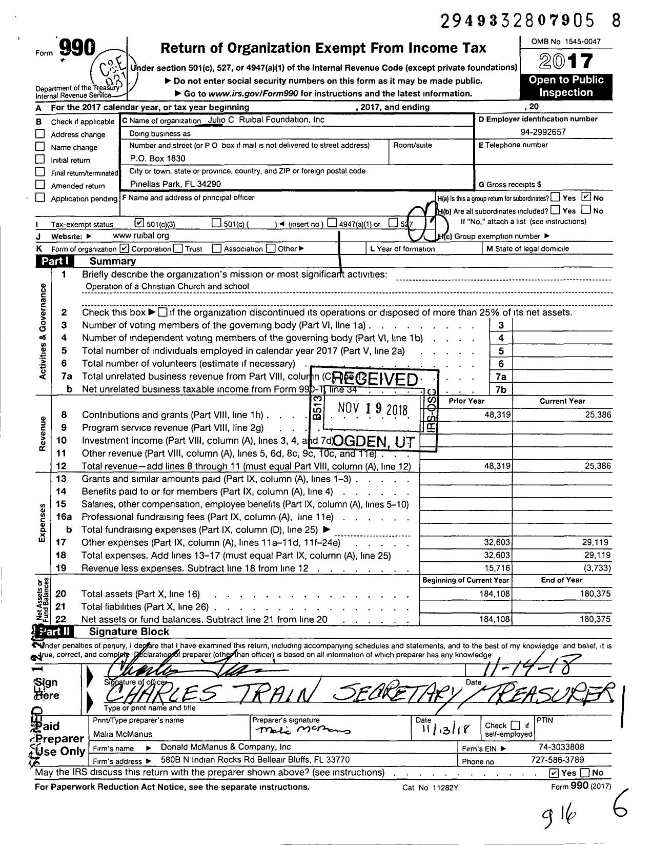 Image of first page of 2017 Form 990 for Julio C Ruibal Foundation