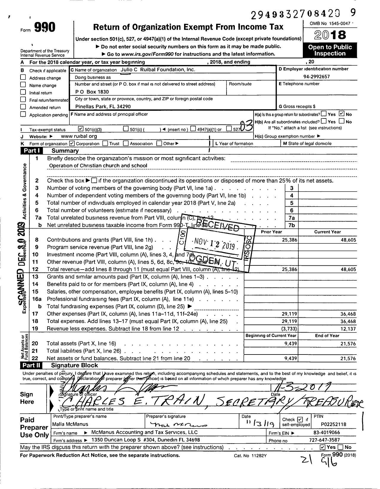 Image of first page of 2018 Form 990 for Julio C Ruibal Foundation