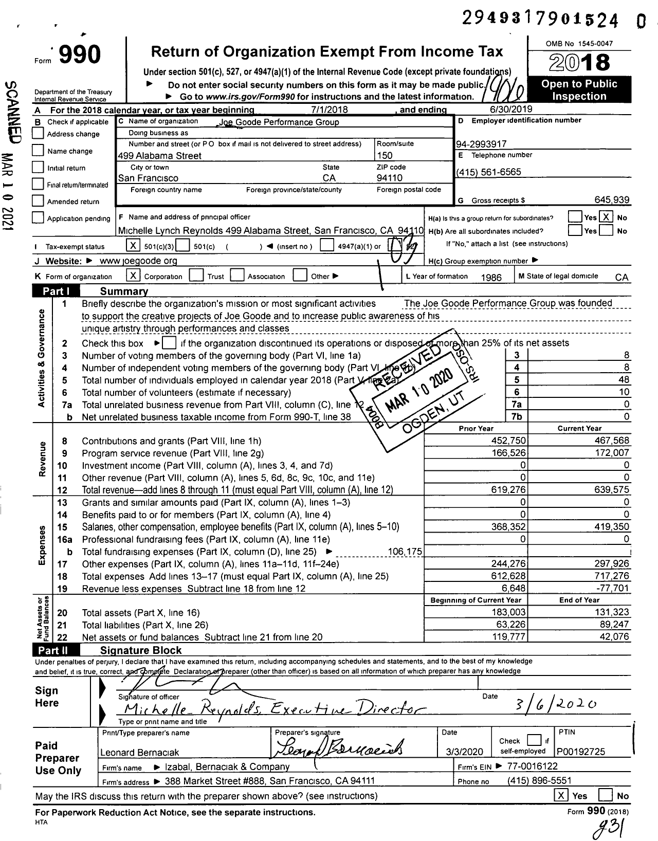 Image of first page of 2018 Form 990 for Joe Goode Performance Group