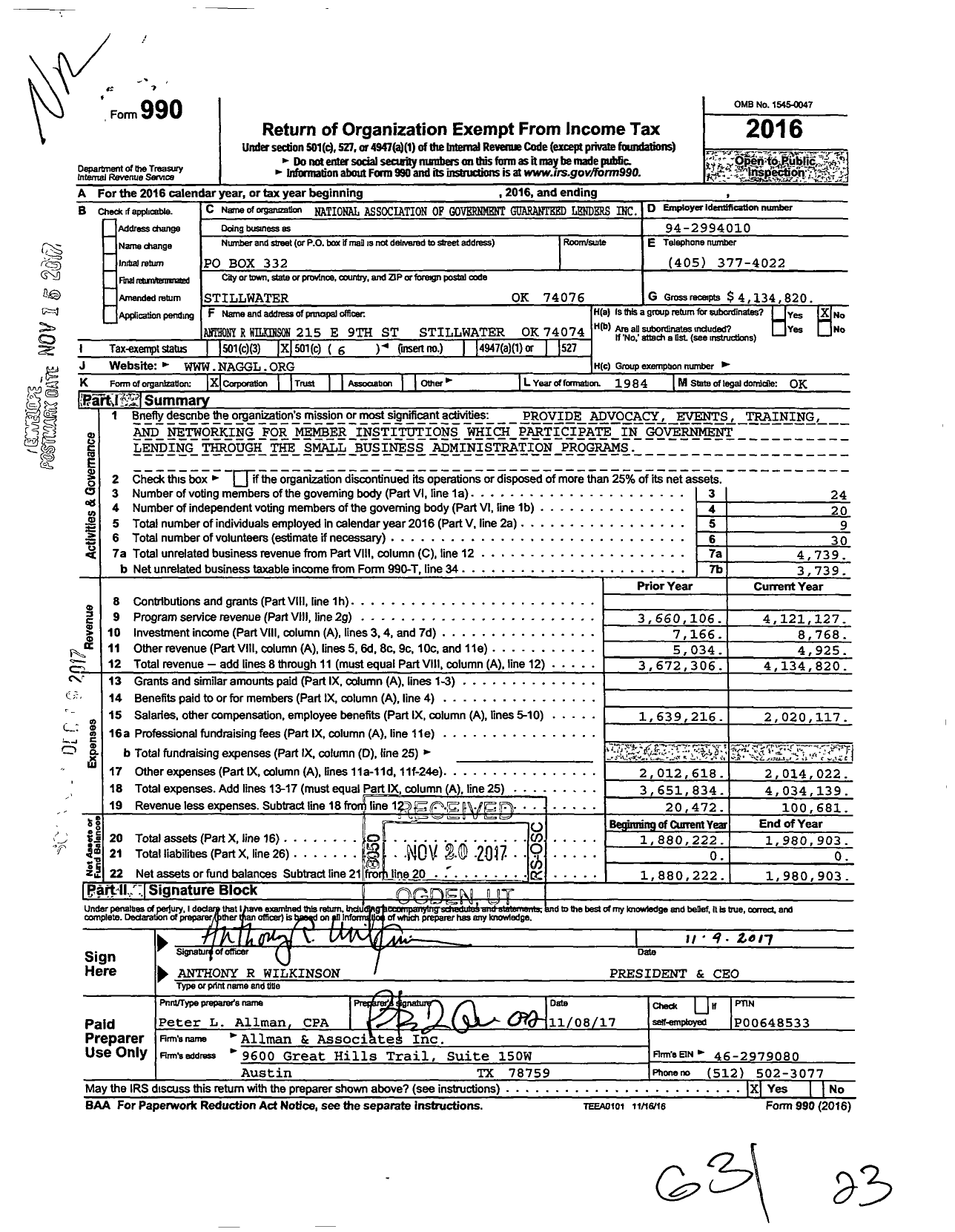 Image of first page of 2016 Form 990O for National Association of Government Guaranteed Lenders (NAGGL)