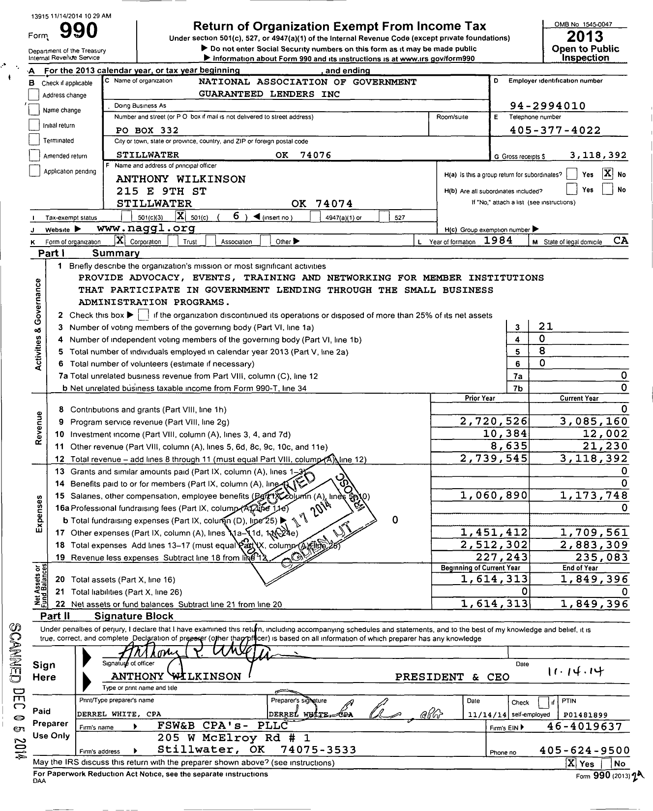 Image of first page of 2013 Form 990O for National Association of Government Guaranteed Lenders (NAGGL)